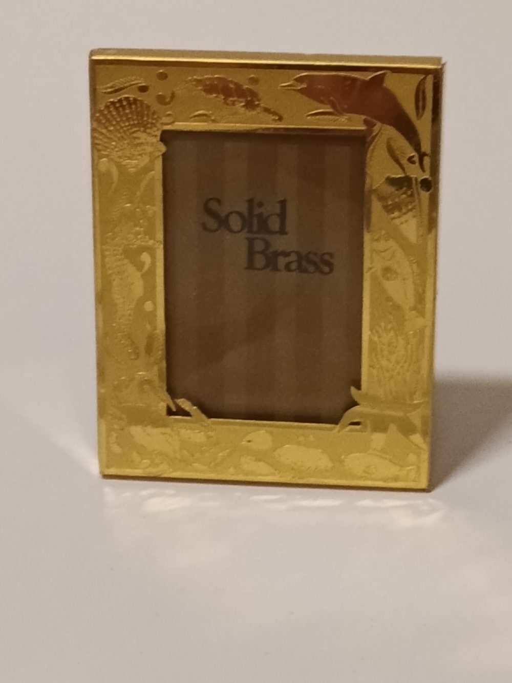 Vintage Solid Brass Ocean Sea Life Mini Picture Frame Dolphin Seahorse